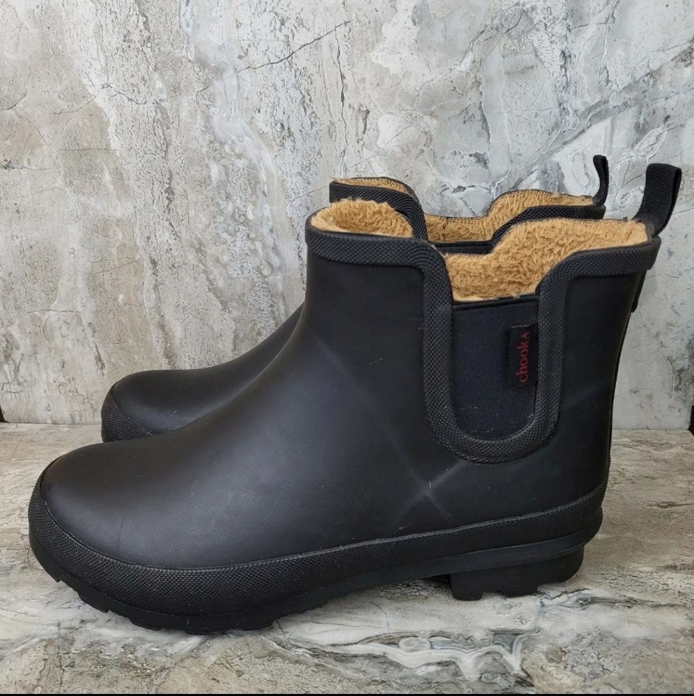 Chooka Women's 9 Black Waterproof Plush Lined Chelsea Ankle Bootie Rain Boots